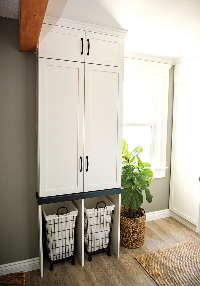 Shaker style storage with wire laundry baskets