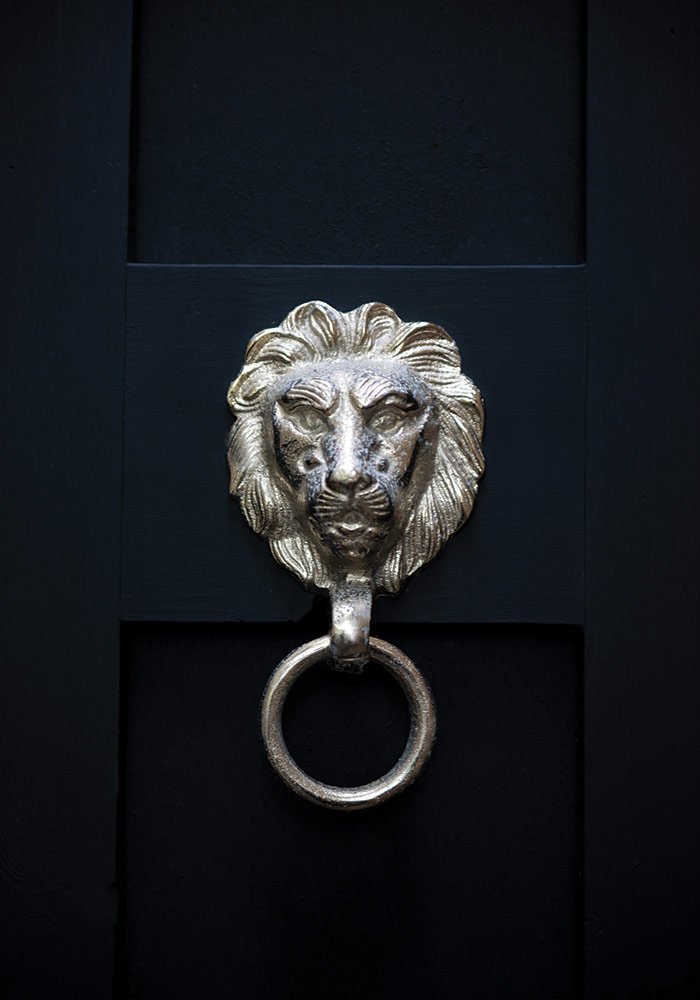 Black gate with a silver lion head detail