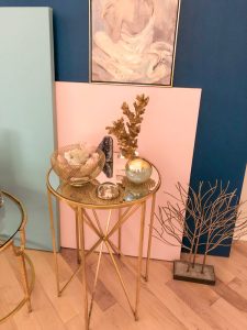 Clinic with Gold side tables, geodes and crystals