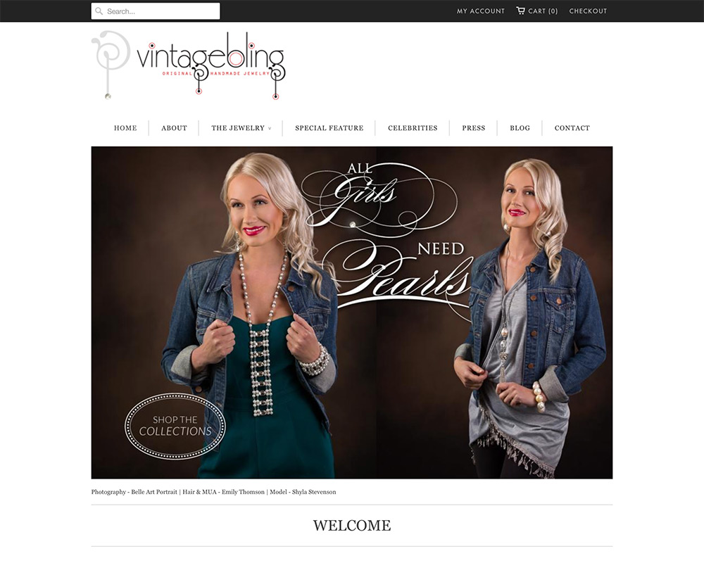 Vintage Bling Website Home Page with a beautiful smiling model wearing jewelry